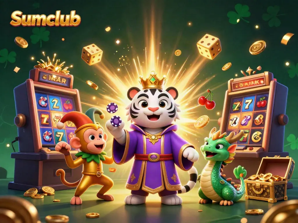 Experience the vibrant excitement of Sumclub with cartoon characters, dynamic slot elements, and jackpot explosions.