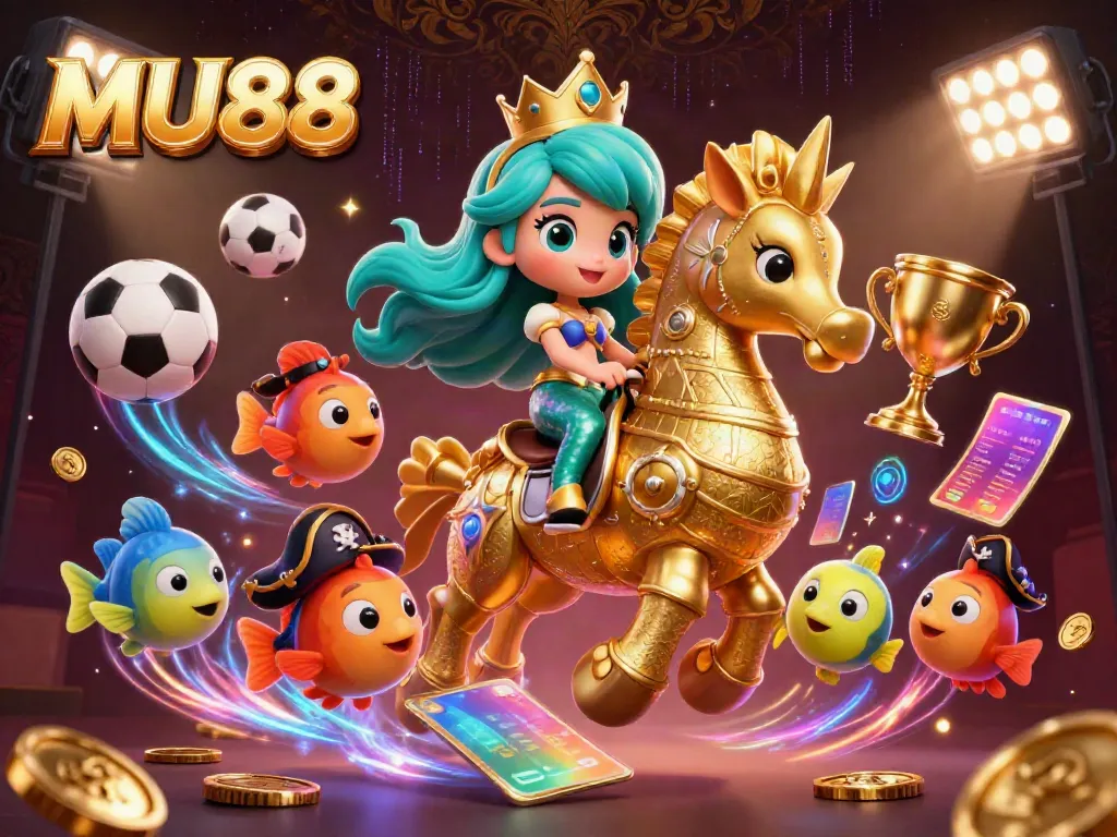 Win big with MU88 in a colorful casino scene featuring a mermaid princess and seahorse.