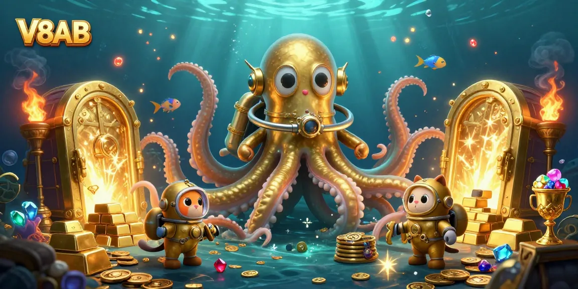 Experience thrilling games at V8AB, featuring an adventurous kraken and exciting treasure elements.