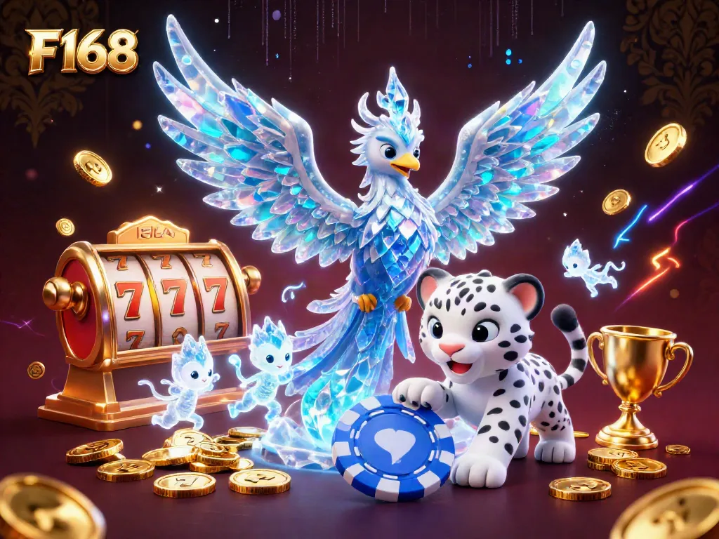 F168 highlights exciting casino adventures featuring an ice phoenix, snow leopard cub, and vibrant slot elements.