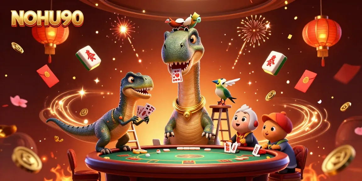 Engage with NOHU90's thrilling casino scene featuring a vibrant brontosaurus and card-dealing raptor.