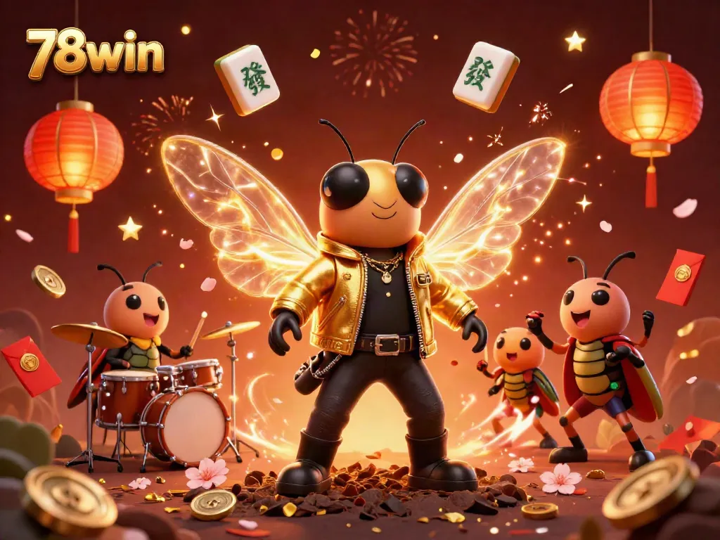 Experience the vibrant energy of 78win with a rock star cicada and dynamic casino elements.