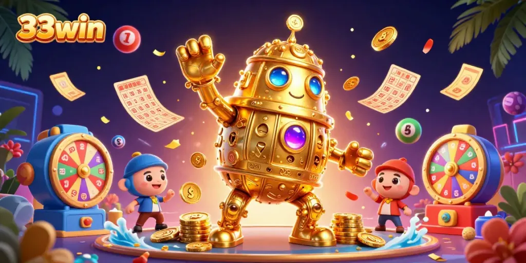 Engage with 33win's dynamic casino experience featuring a golden golem and colorful lottery elements.