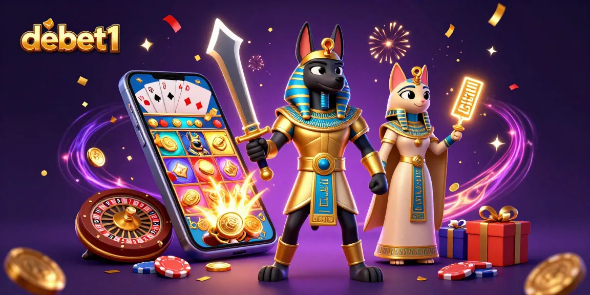 Engage with debet1's vibrant 3D casino illustration capturing Anubis and Bastet amidst energetic gaming elements.