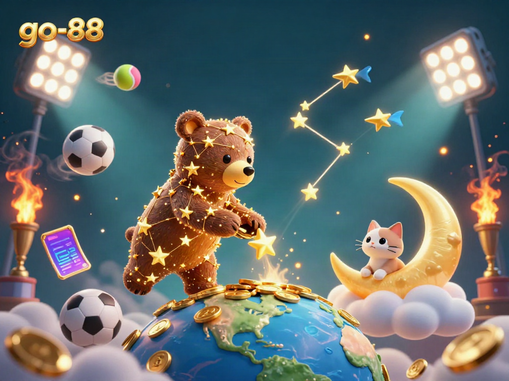 Experience thrilling gameplay with go-88, surrounded by playful characters and dynamic sports elements in this immersive illustration.