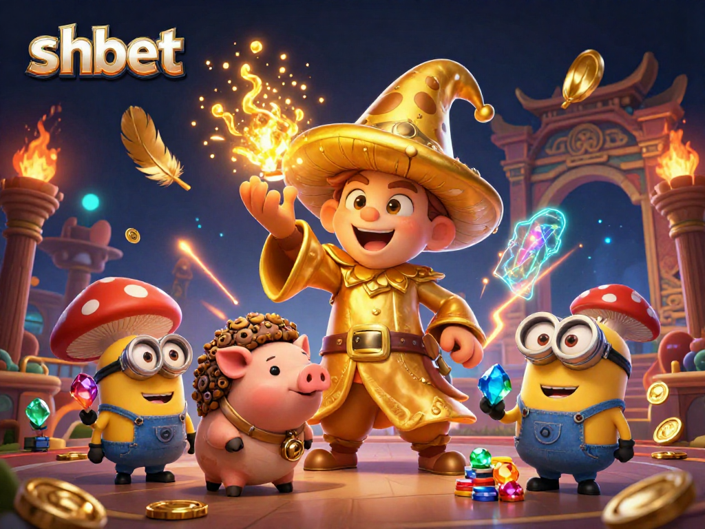 Engage with shbet's vibrant gaming scene featuring a mushroom wizard, treasures, and a rich casino atmosphere.