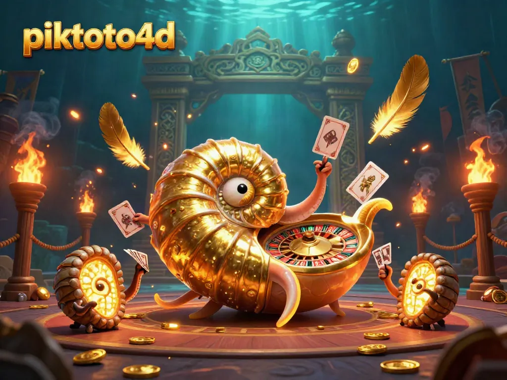 Piktoto4d's vibrant 3D casino scene featuring a giant nautilus roulette wheel with glowing ammonites.