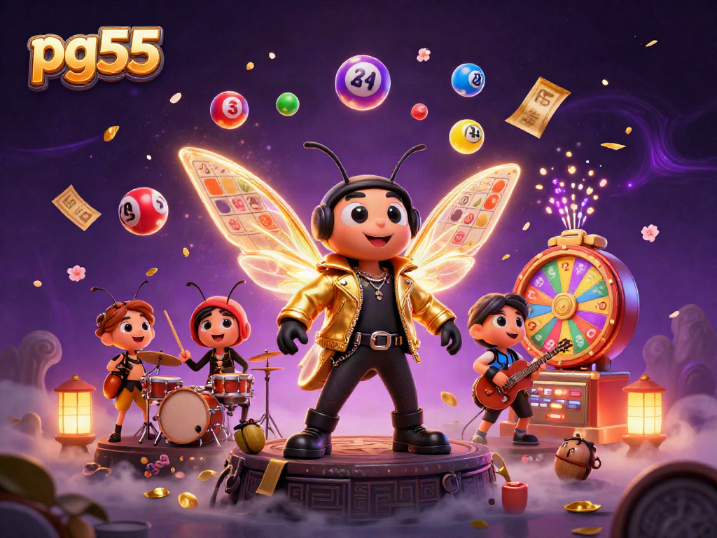 Engage in thrilling gameplay at pg55 with vibrant lottery balls and a lively rock star scene.