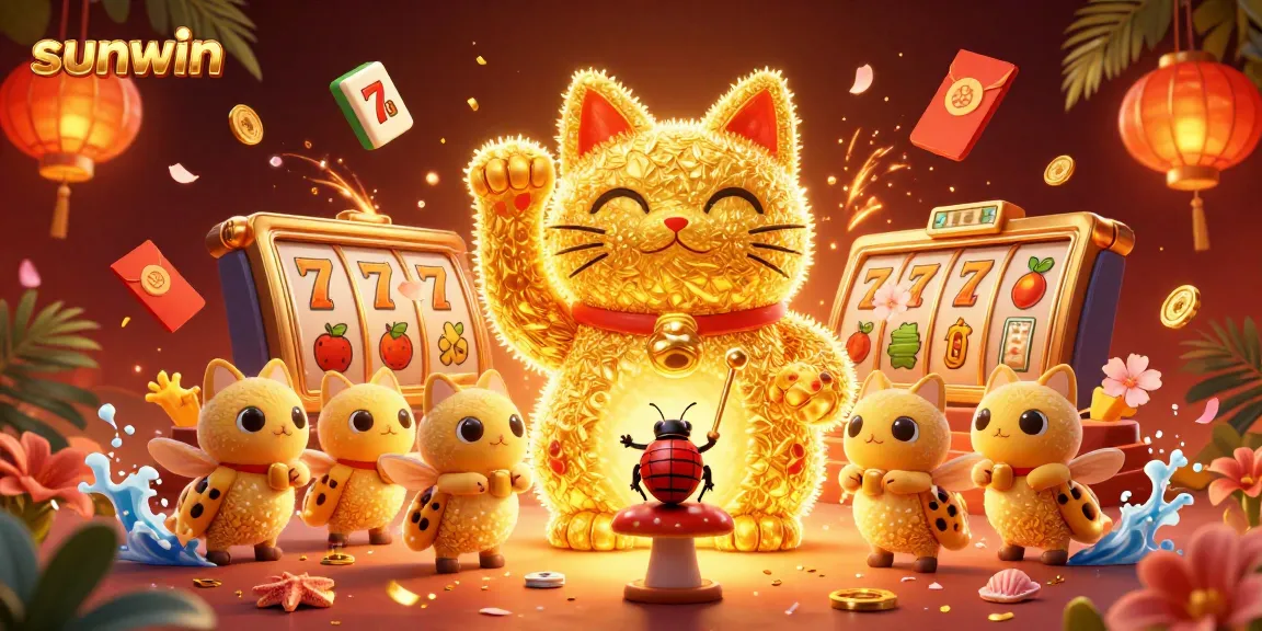 Experience thrilling wins with sunwin's giant lucky cat amidst vibrant casino elements.