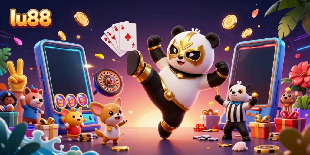 Engage with lu88's exciting gaming experience featuring a dynamic panda wrestler and vibrant casino elements.