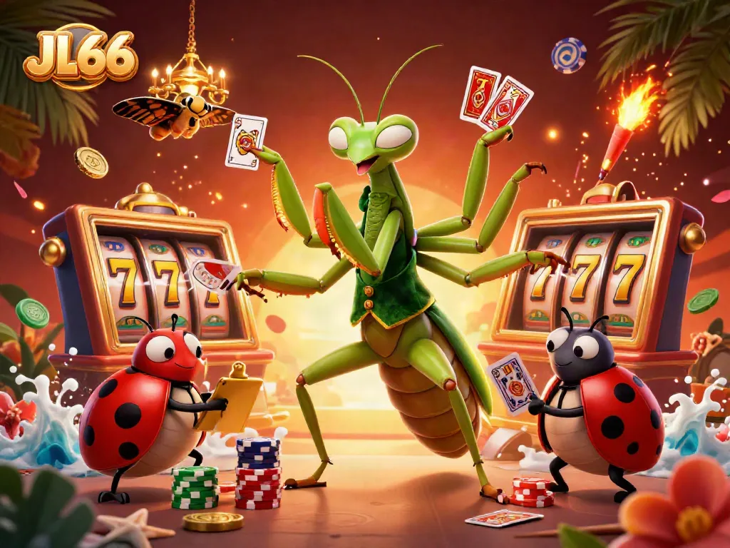 JL66 promoting immersive gaming with a giant praying mantis card sharp and vibrant casino elements.