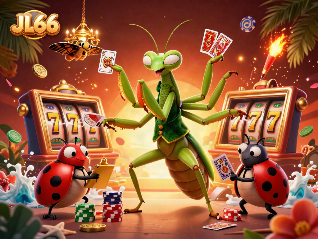 JL66 promoting immersive gaming with a giant praying mantis card sharp and vibrant casino elements.