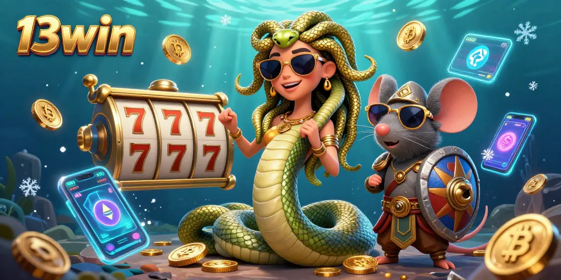 Engage in thrilling gaming at 13win casino, featuring vivid 3D illustrations of Medusa and warrior mouse.