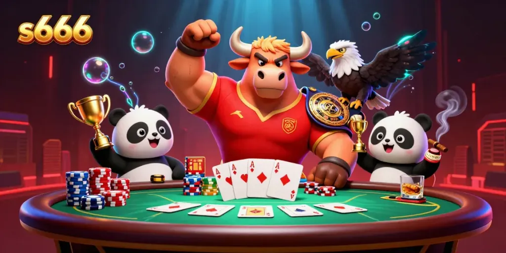 S666 gaming experience showcased with dynamic casino characters, poker elements, and vibrant details.