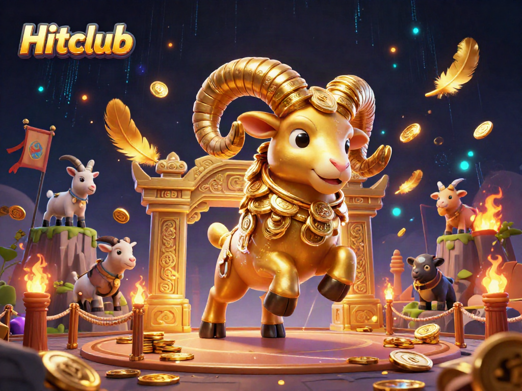 Hitclub showcases a powerful golden ram charging forward amidst swirling golden feathers and dynamic casino elements.