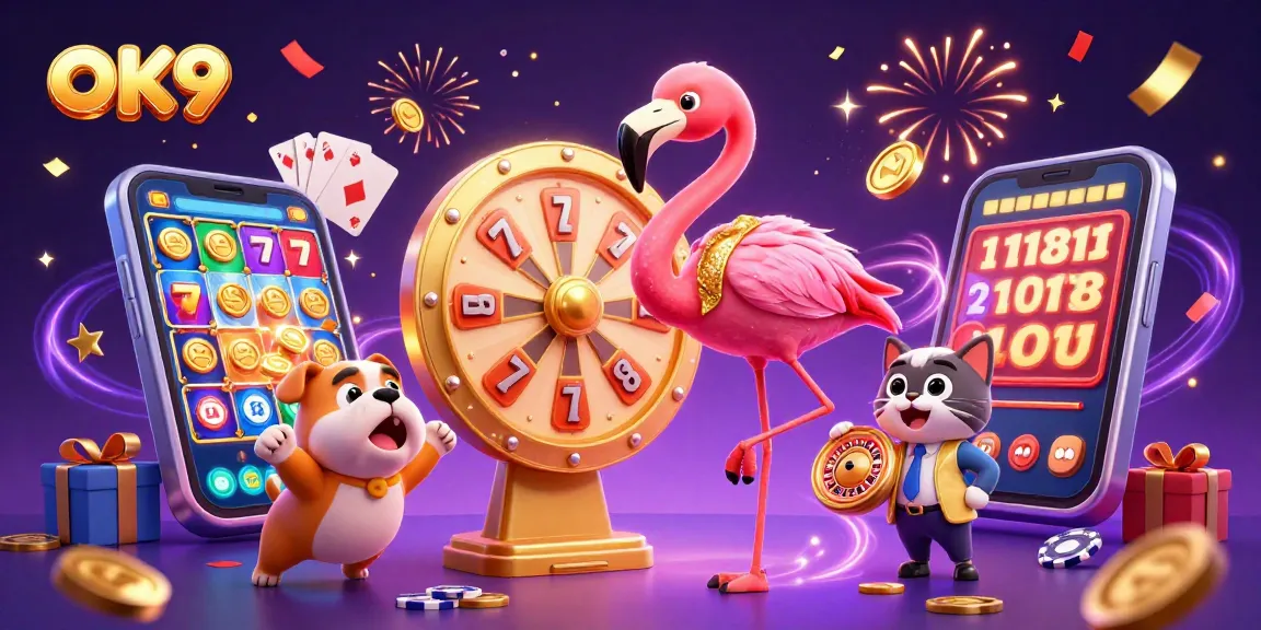 Spin the OK9 prize wheel with an excited bulldog and a scoreboard cat assistant in a vibrant casino scene