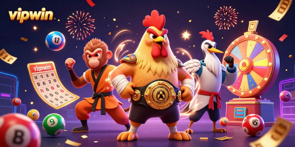 Experience vipwin's excitement with the Muay Thai rooster, Shaolin monkey, and crane master amidst vibrant lottery elements.