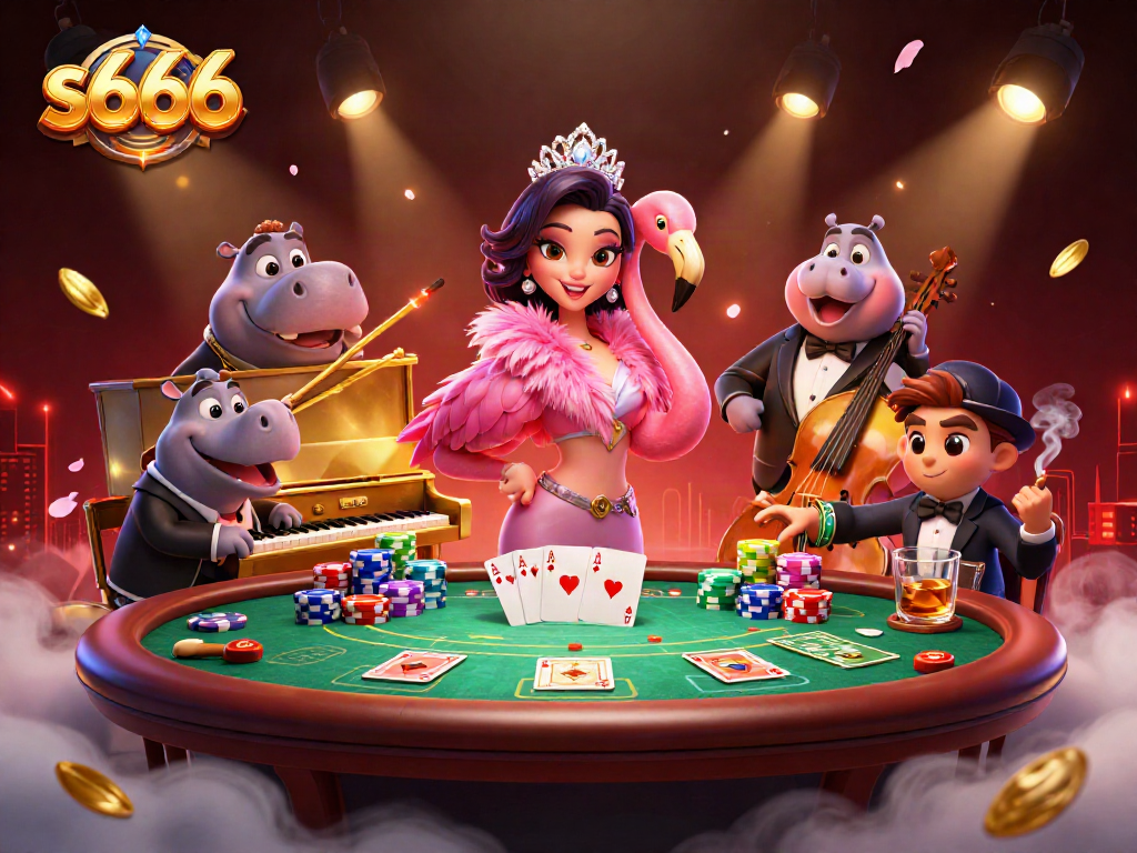 s666 showcases a vibrant casino scene with a flamingo singer, hippo bassist, and poker elements.