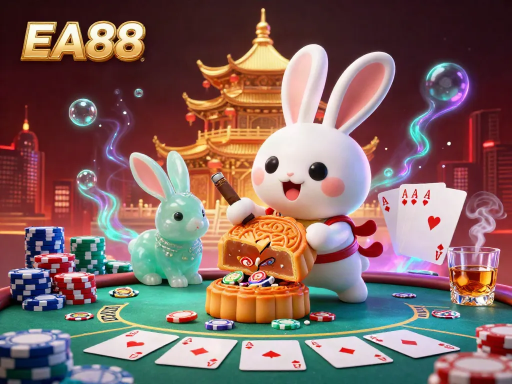 Join the EA88 moon rabbit in an exciting lunar casino scene, revealing poker chips within mooncakes.