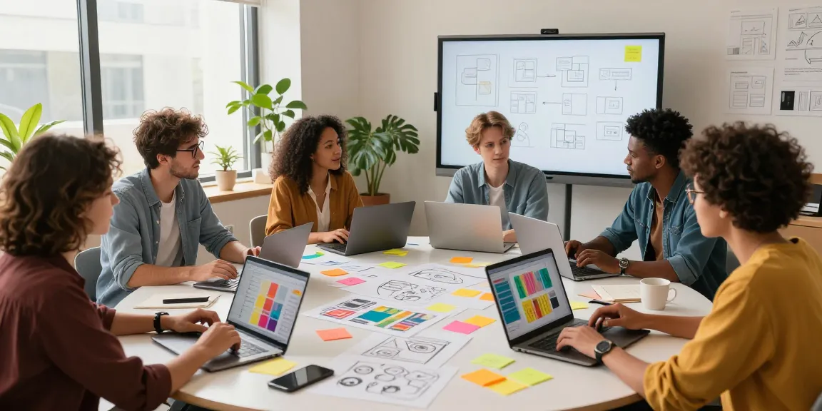 Team using a mix board for collaborative brainstorming in a creative workspace.