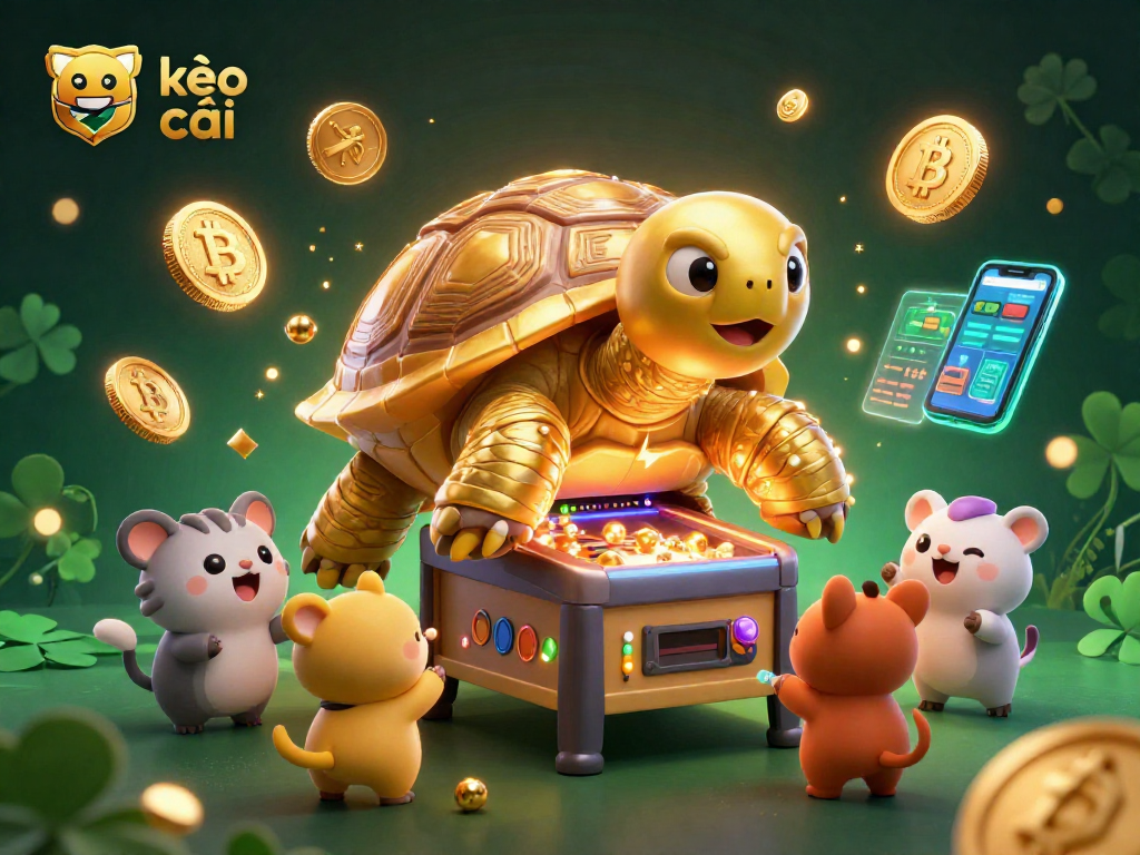 Bet on excitement with kèo nhà cái, featuring a vibrant 3D tortoise pinball machine scene with crypto elements.