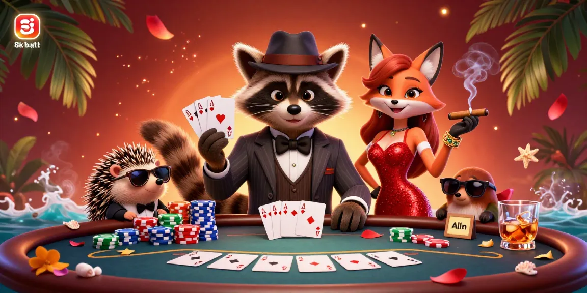 Experience thrilling poker moments with 8kbett at a vibrant gaming table with colorful poker elements.