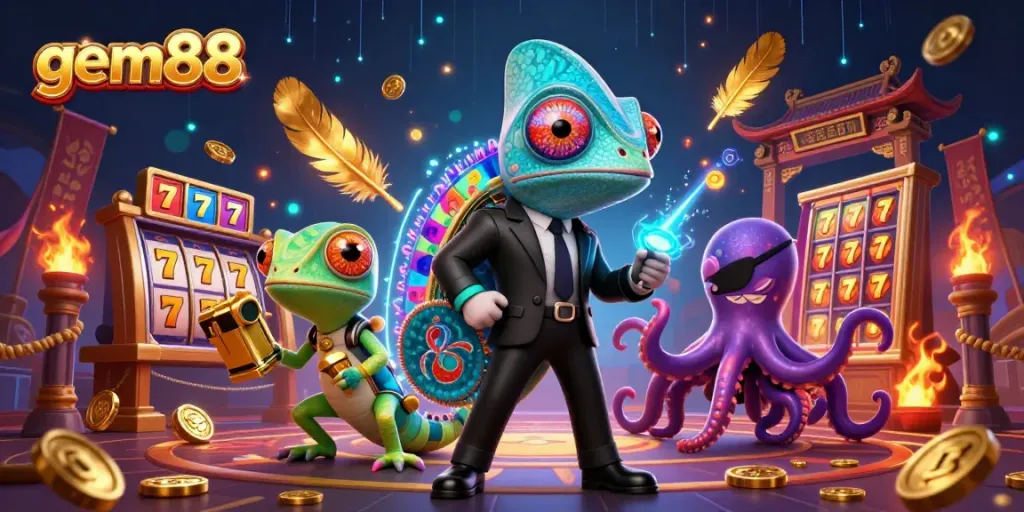 Experience excitement with gem88's vibrant 3D illustration featuring a colorful casino adventure