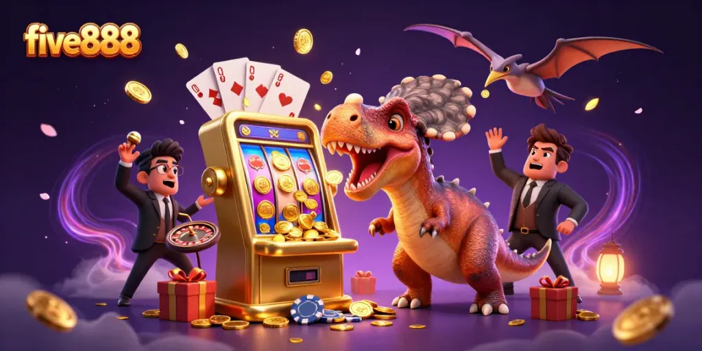 Catch golden coins at five888 with a pachycephalosaurus hitting a jackpot slot machine.