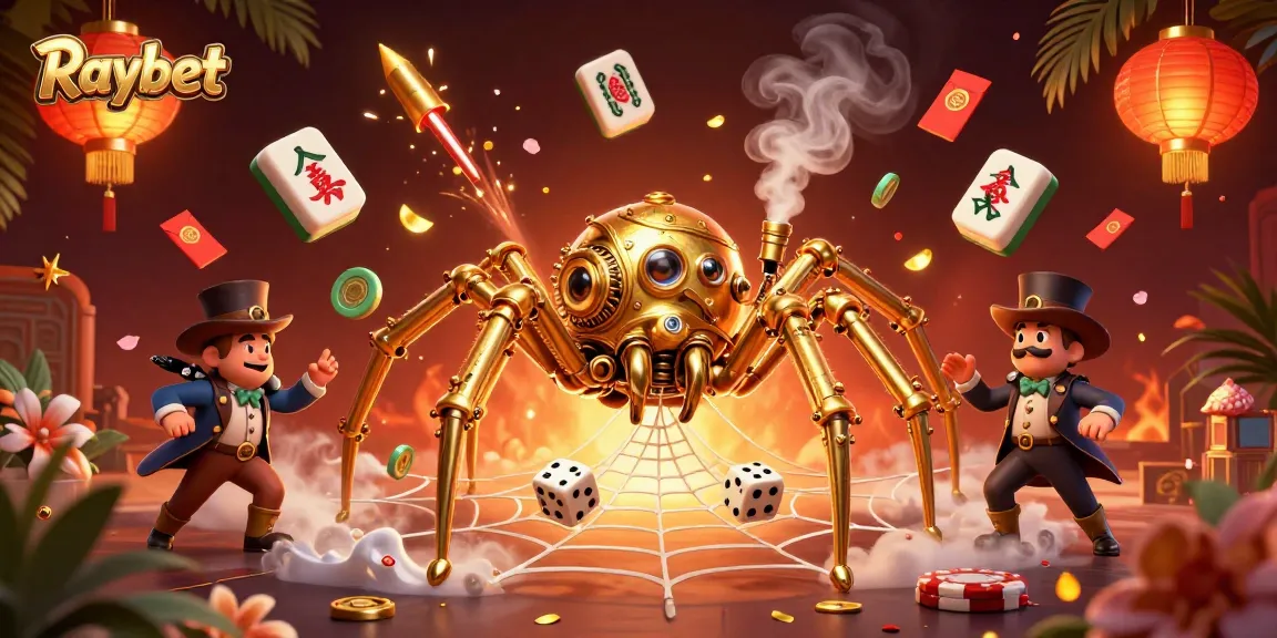 Raybet transforms your luck with an enchanting casino web intricately designed by a golden steampunk spider.