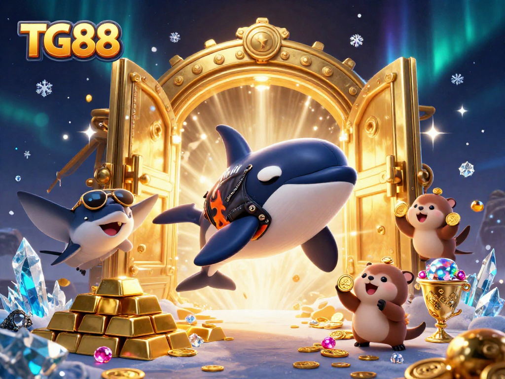Experience TG88's excitement with cartoon characters amidst vibrant casino treasures and gaming essence.