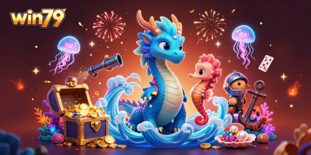 Experience win79 gaming with a vibrant underwater scene featuring characters and casino treasures.
