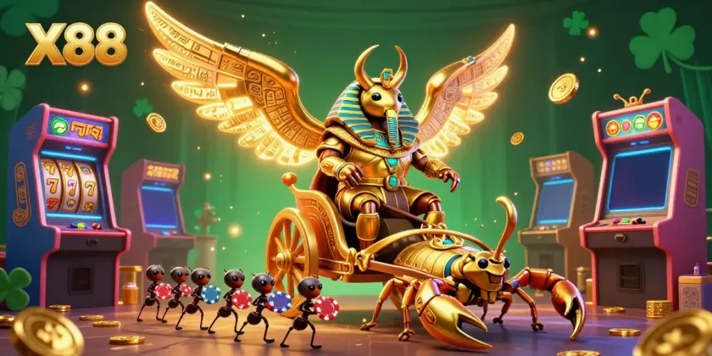 X88 casino scene with a golden scarab beetle, scorpions, and arcade games, enhancing your gaming experience.