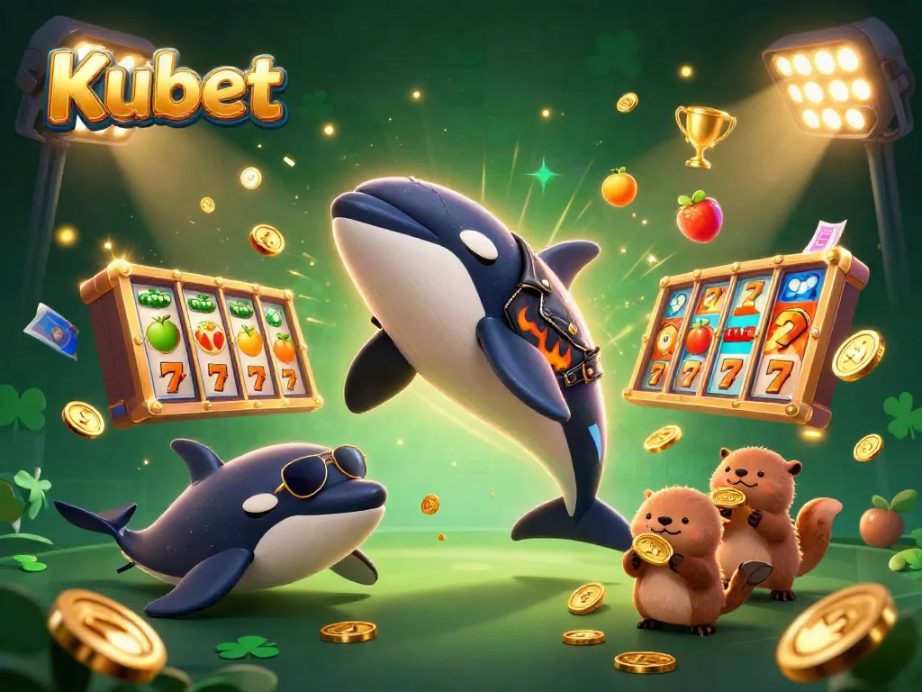 Kubet casino excitement with orca, stingray, and otters celebrating wins in a vibrant 3D illustration.