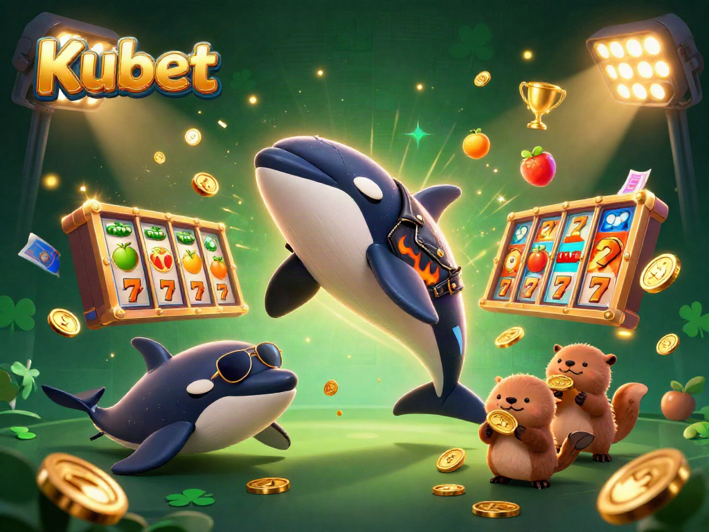 Kubet casino excitement with orca, stingray, and otters celebrating wins in a vibrant 3D illustration.
