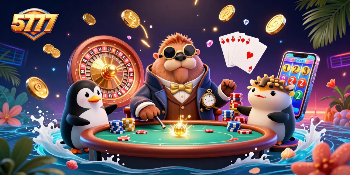 Join 5777's thrilling underwater poker scene where a walrus, penguin dealer, and a bluffing pufferfish interact amidst dynamic casino elements.