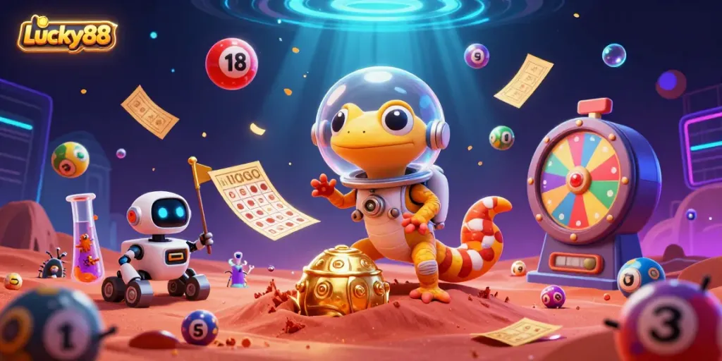 Experience an energetic scene with Lucky88, featuring a Martian gecko discovering a golden casino, lottery elements, and dazzling animations.