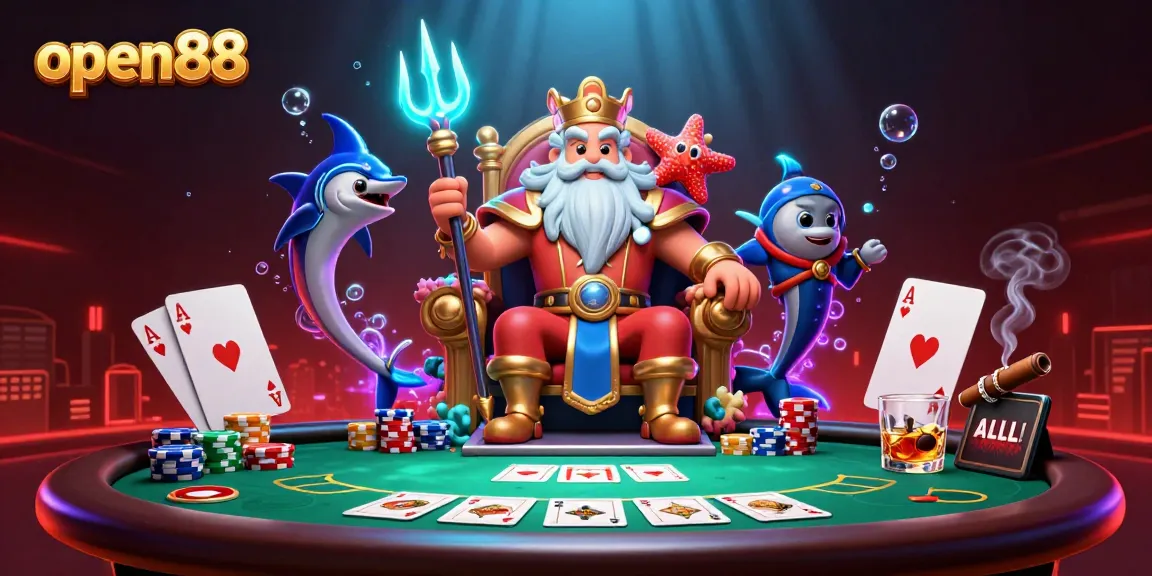 Experience the thrill of open88 with Neptune and his samurai guarding a vibrant poker scene.