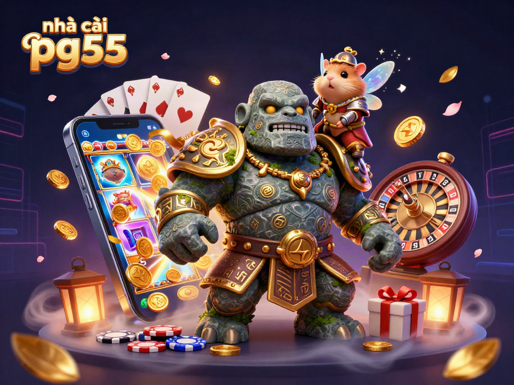 Experience the magic of nhà cái pg55 with a 3D golem, fairy, and hamster knight in a vibrant casino scene.