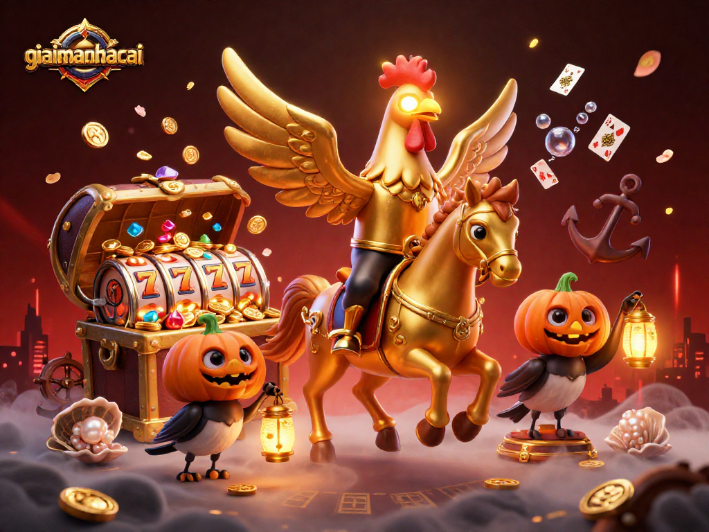 Experience the excitement of giaimanhacai with a vibrant golden rooster and thrilling casino elements.