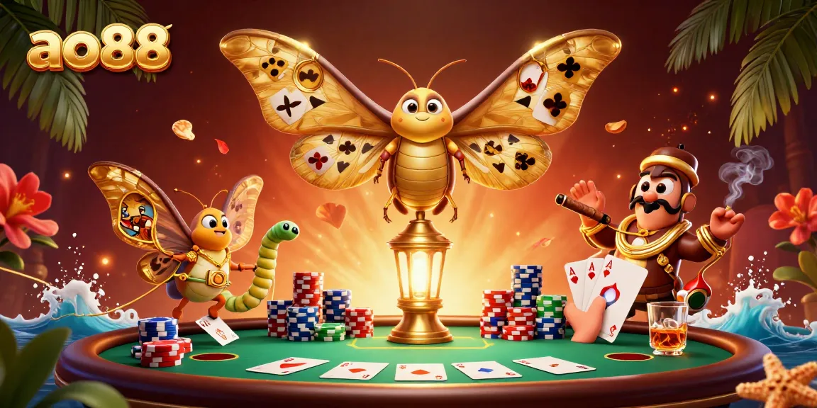 Engage with ao88 in a vibrant 3D casino scene featuring poker motifs and festive details.