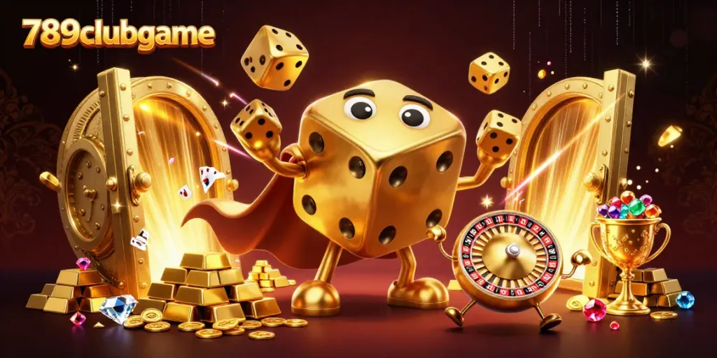 Experience the excitement of 789clubgame with a cartoon dice golem juggling golden dice in a vibrant casino scene.