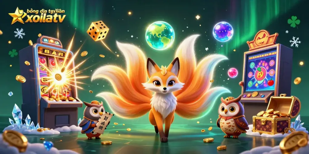 Engaging scene depicting bóng đá trực tuyến xoilac tv with colorful characters, casino elements, and vibrant energy.