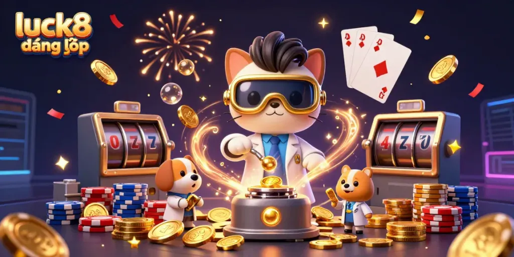 Engage with luck8 đăng nhập as vibrant 3D characters create a magical coin-replication machine.