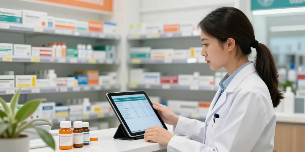 Busy pharmacist in UAE reviewing registered medicines on a tablet.