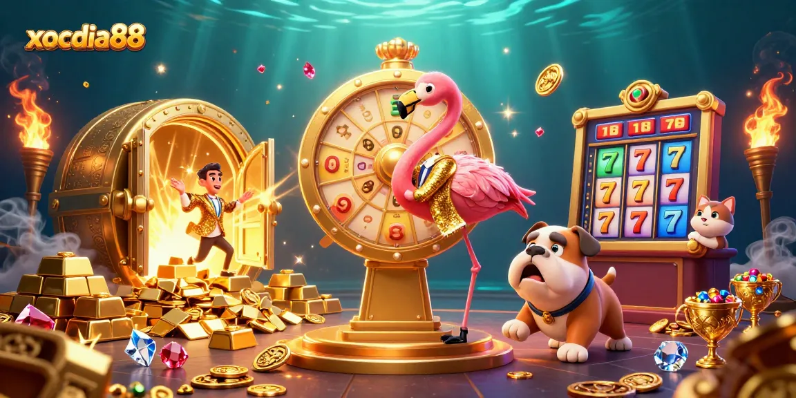 Spin to win at xocdia88 as a flamingo host and bulldog contestant reveal golden prizes!