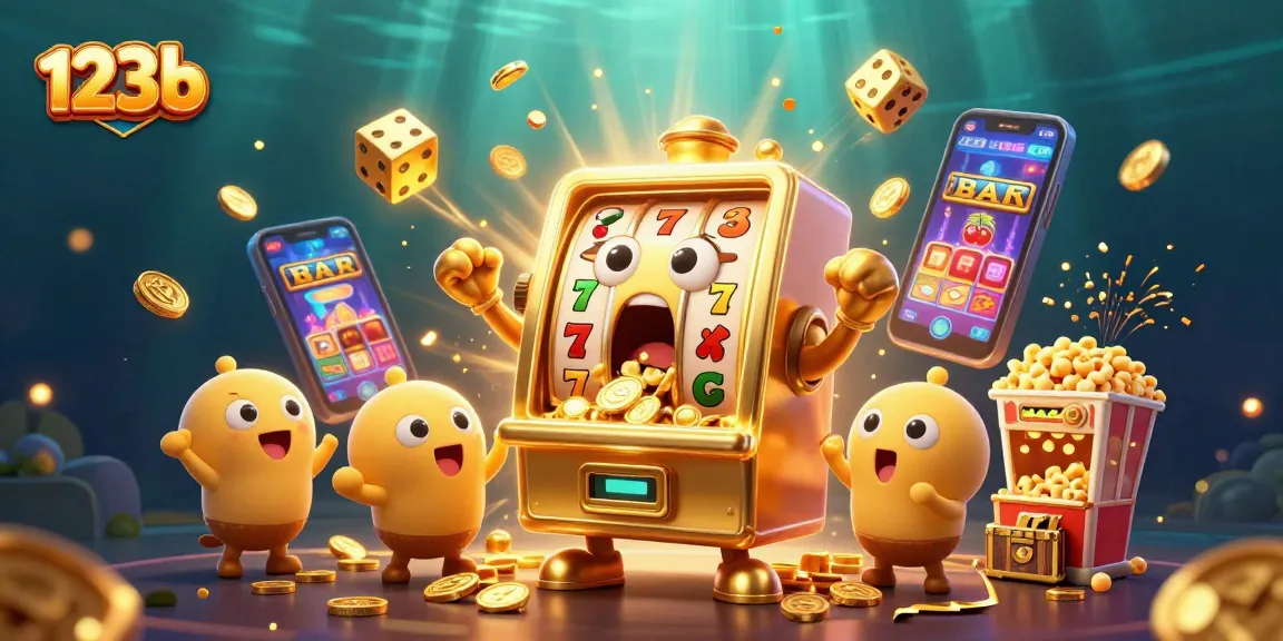 Engage in thrilling gameplay with 123b as the cartoon slot machine hits a jackpot showering coins.