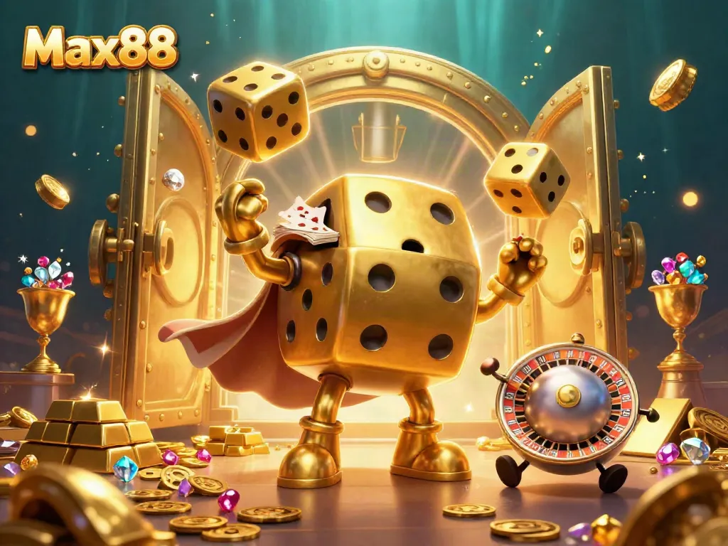 Experience thrilling wins with Max88's vibrant casino scene featuring golden dice and jewels.