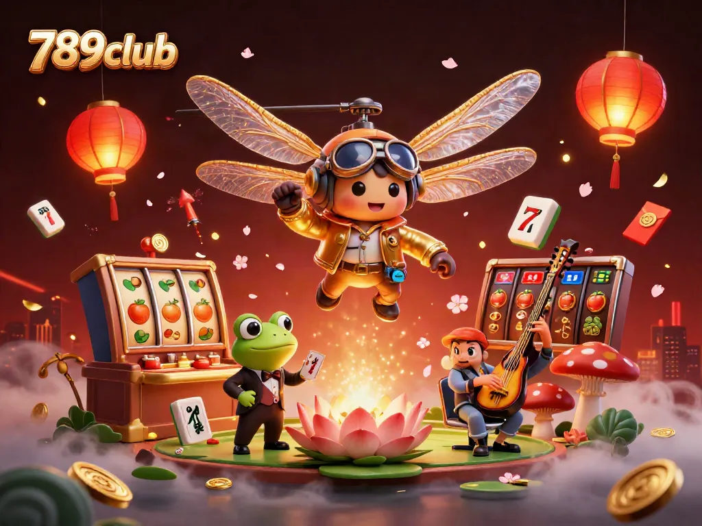 Experience the vibrant 789club online casino atmosphere with a dragonfly pilot, frog croupier, and jazz cricket musicians