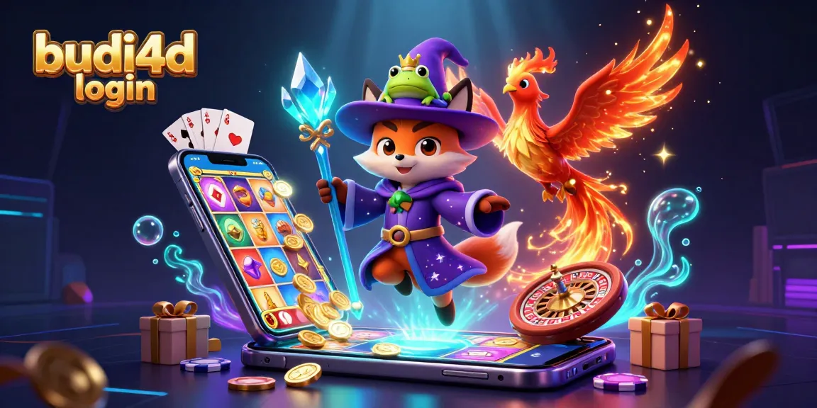 Play effortlessly with budi4d login in a magical 3D casino illustration featuring a wizard, phoenix, and vibrant game elements.
