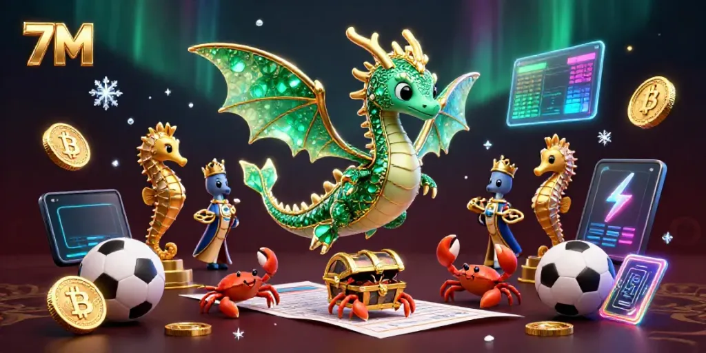 Engage in betting excitement with 7M as vivid sea dragon characters navigate a vibrant sports betting scene.